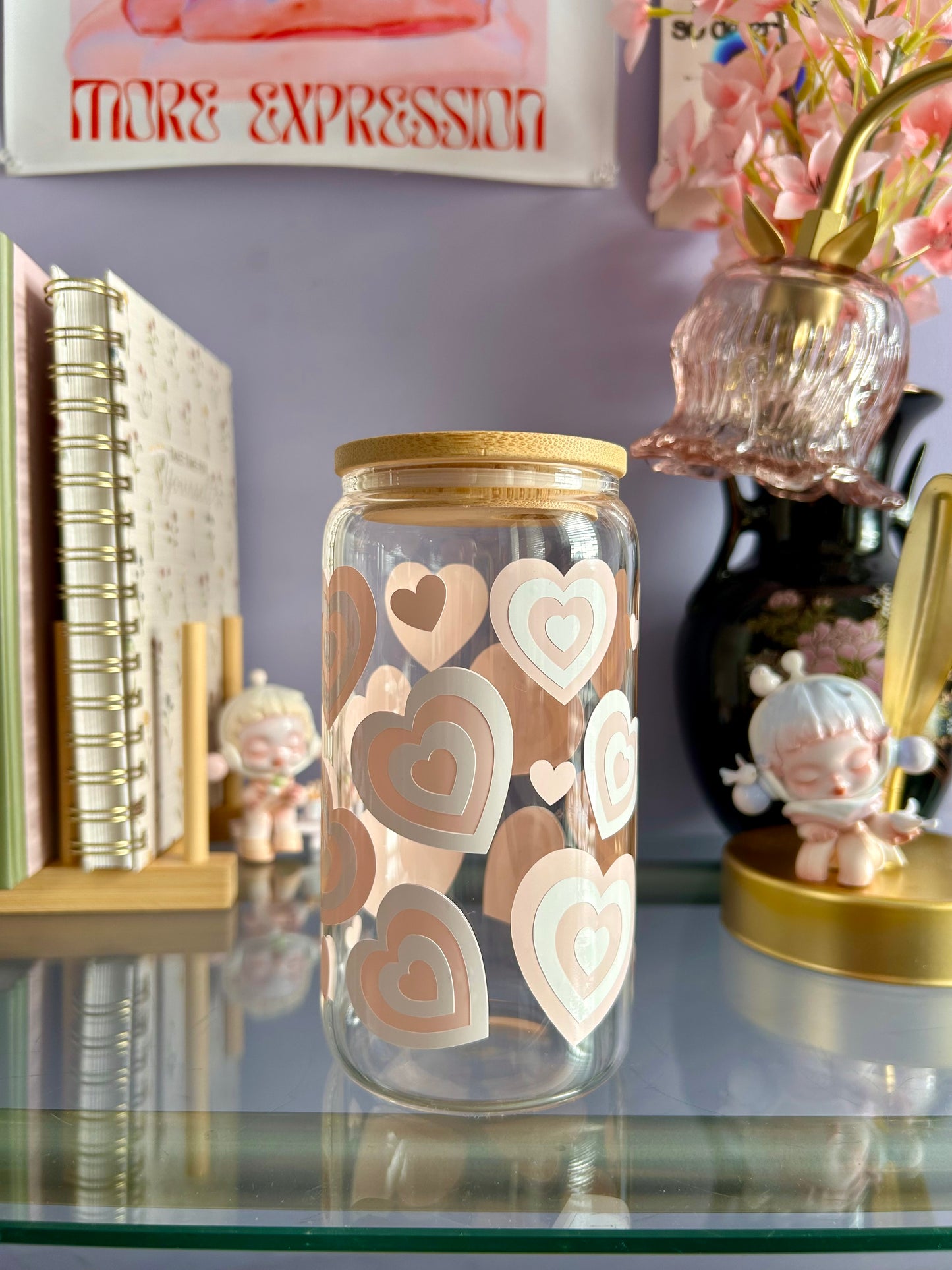 Pink+White Hearts Glass Can