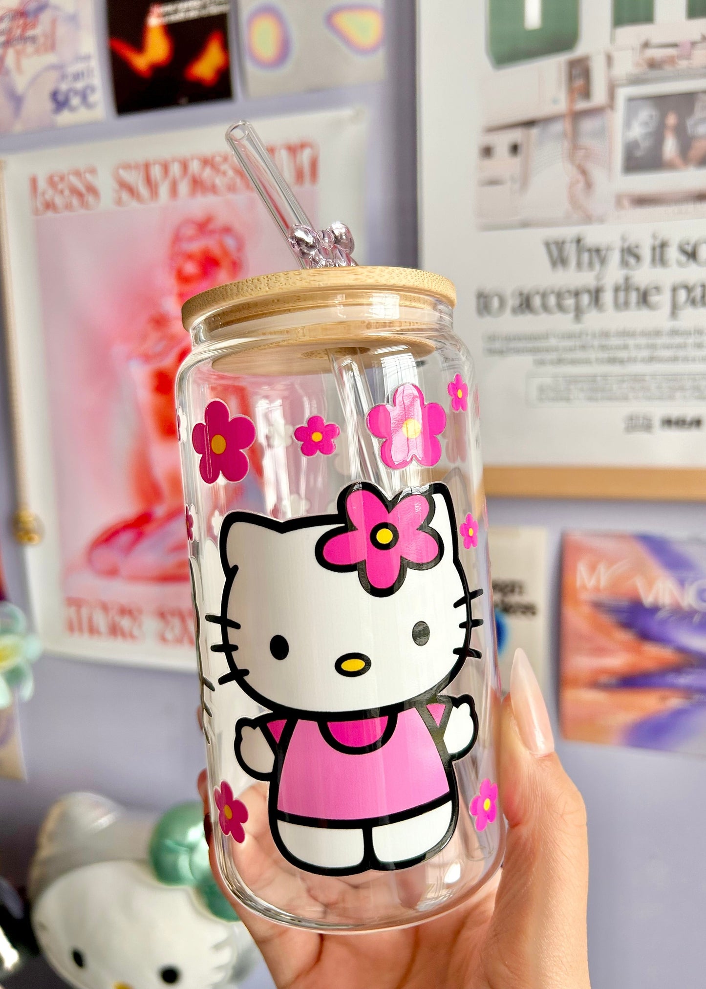 Hello Kitty Pink Glass Can