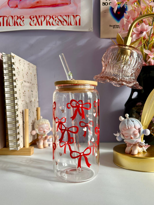 Red Bows Glass Can