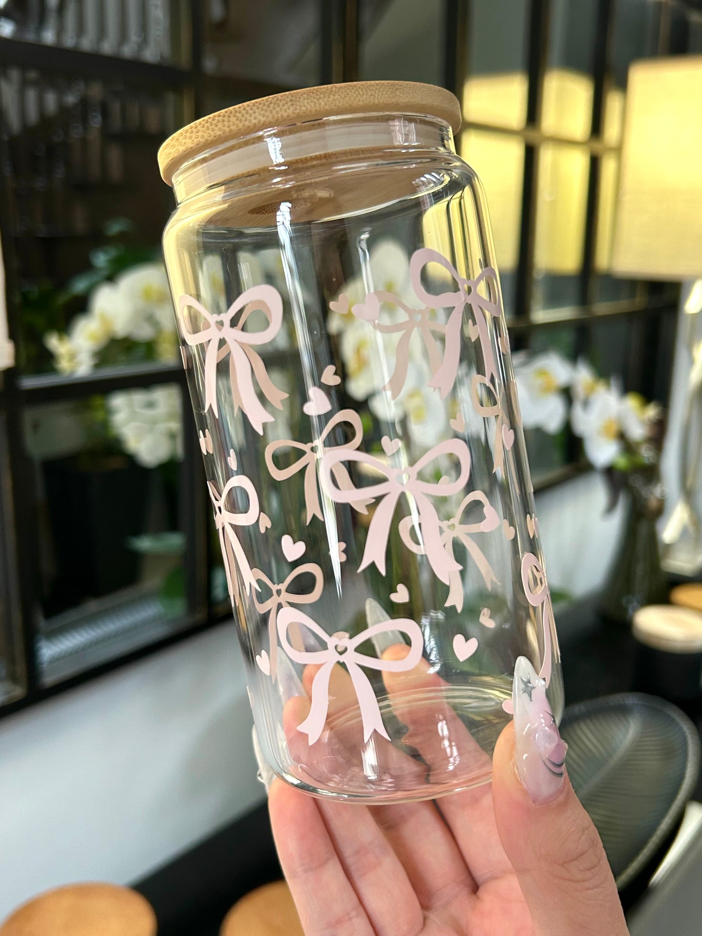 Pink Bow Glass Can