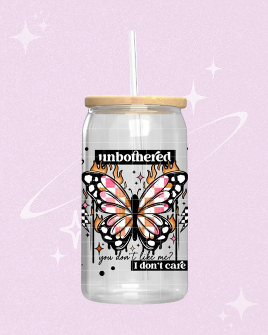 Unbothered I Don't Care Butterfly Glass Can