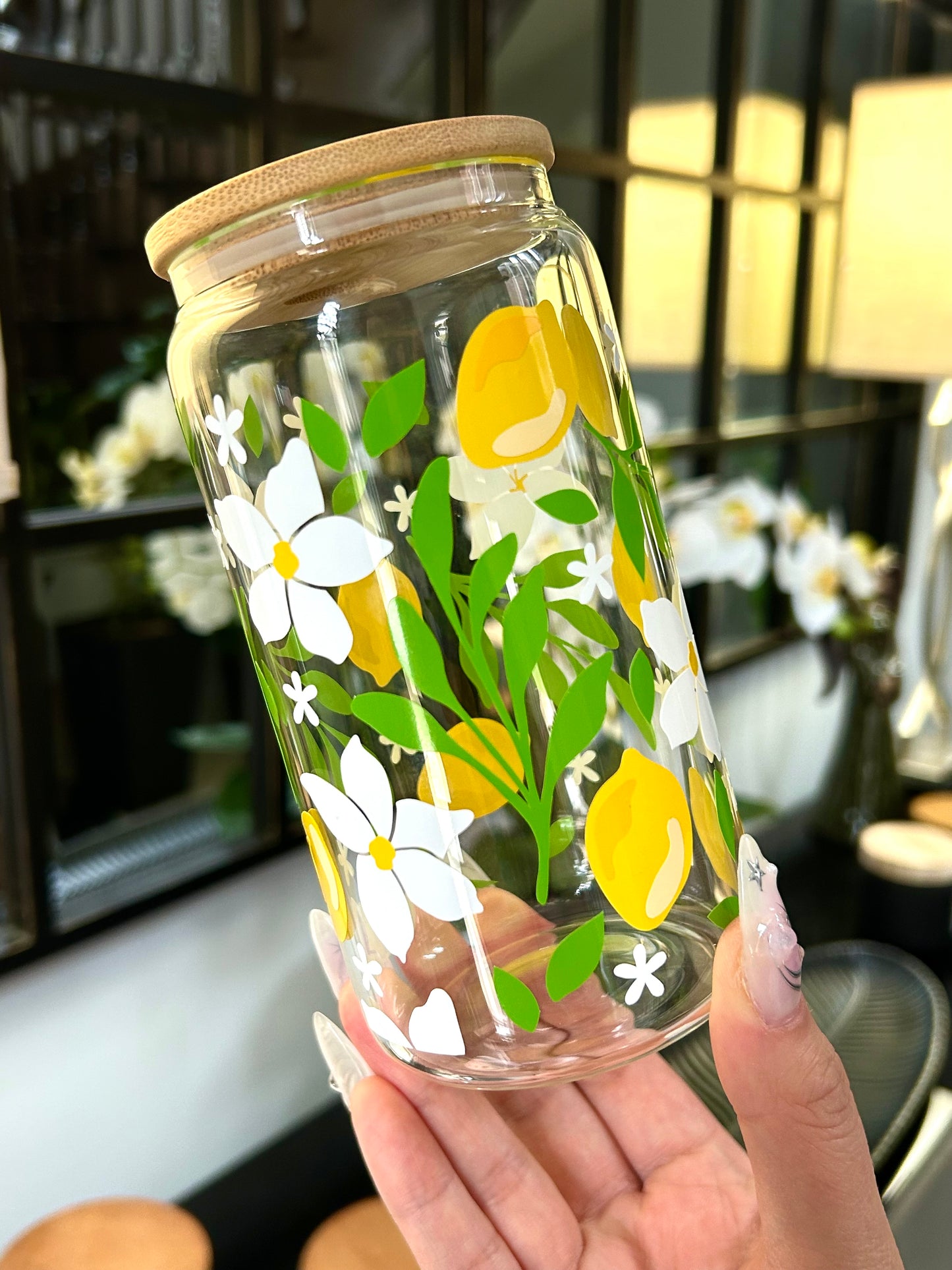 Floral Lemon Glass Can