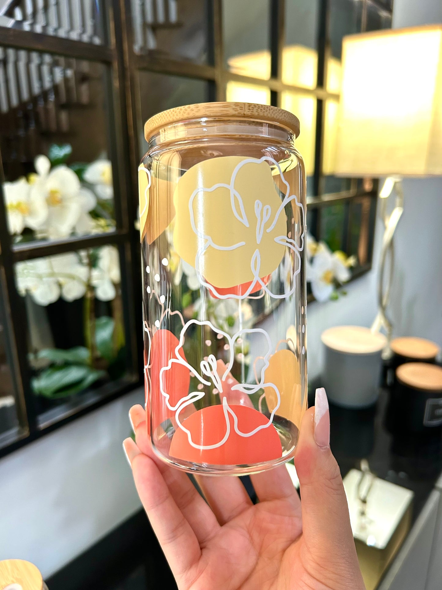 Boho Floral Glass Can