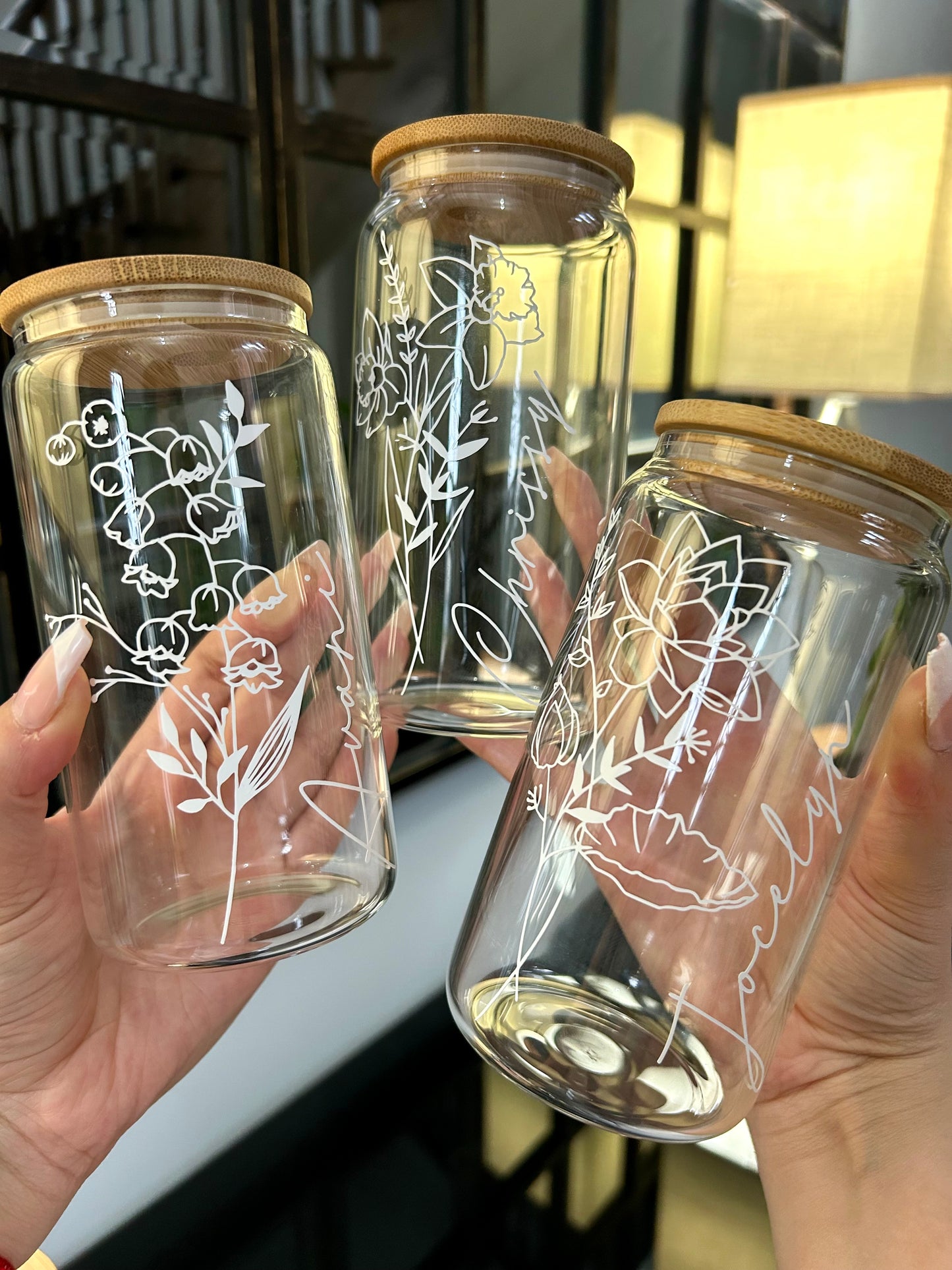 Personalized Floral Glass Cans