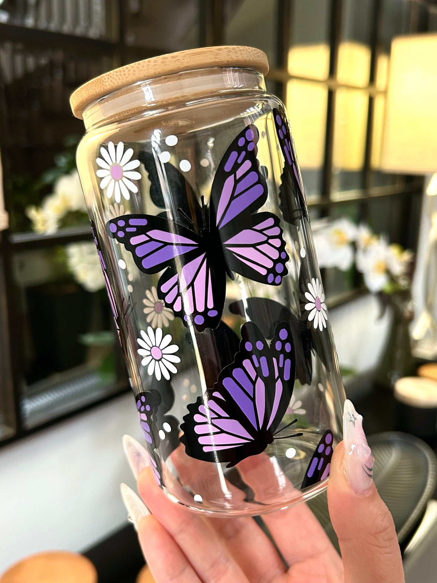 Butterfly Floral Glass Can