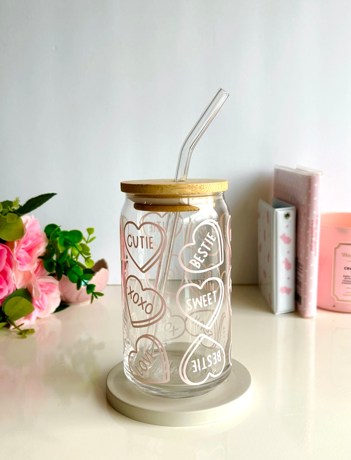 Candy Hearts Glass Can